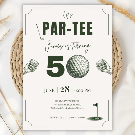 Let's Par-Tee — 50th Birthday Invitation Template (Golf Themed) by Pretty Digital — printable digital download