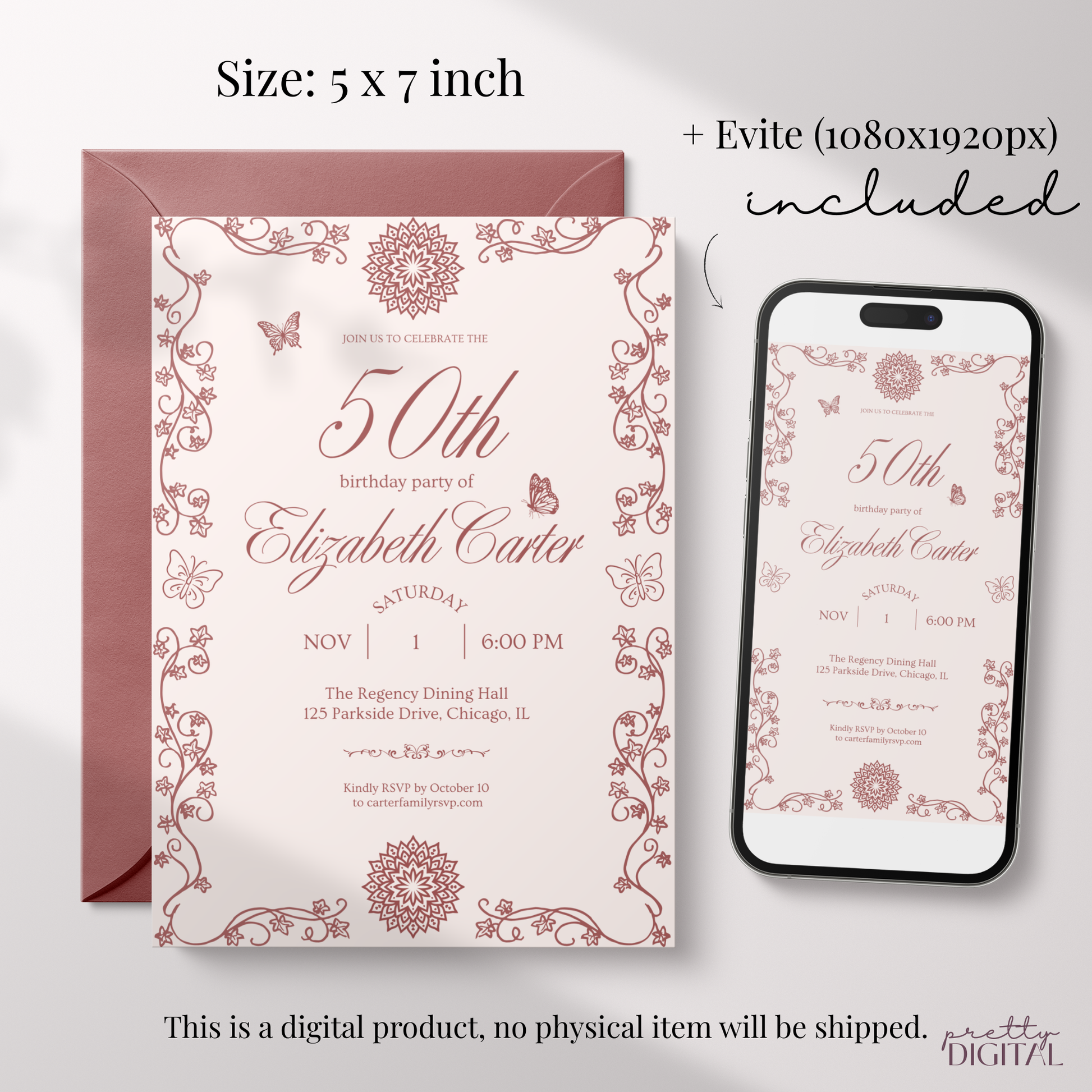 Pink 50th Birthday Invitation for Women by Pretty Digital — view 2