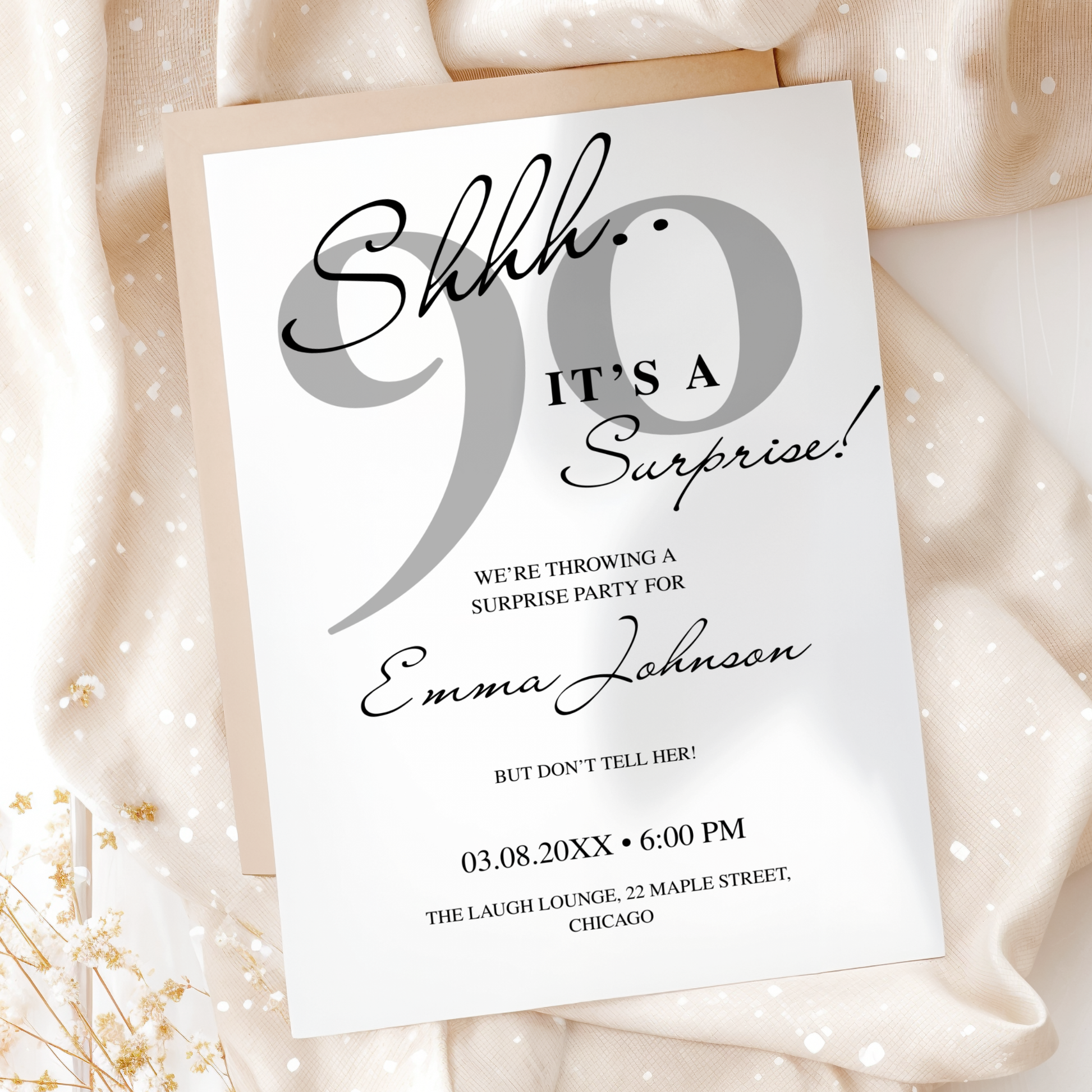 Shhh… It's a Surprise — 90th Surprise Party Invitation Template by Pretty Digital — view 9