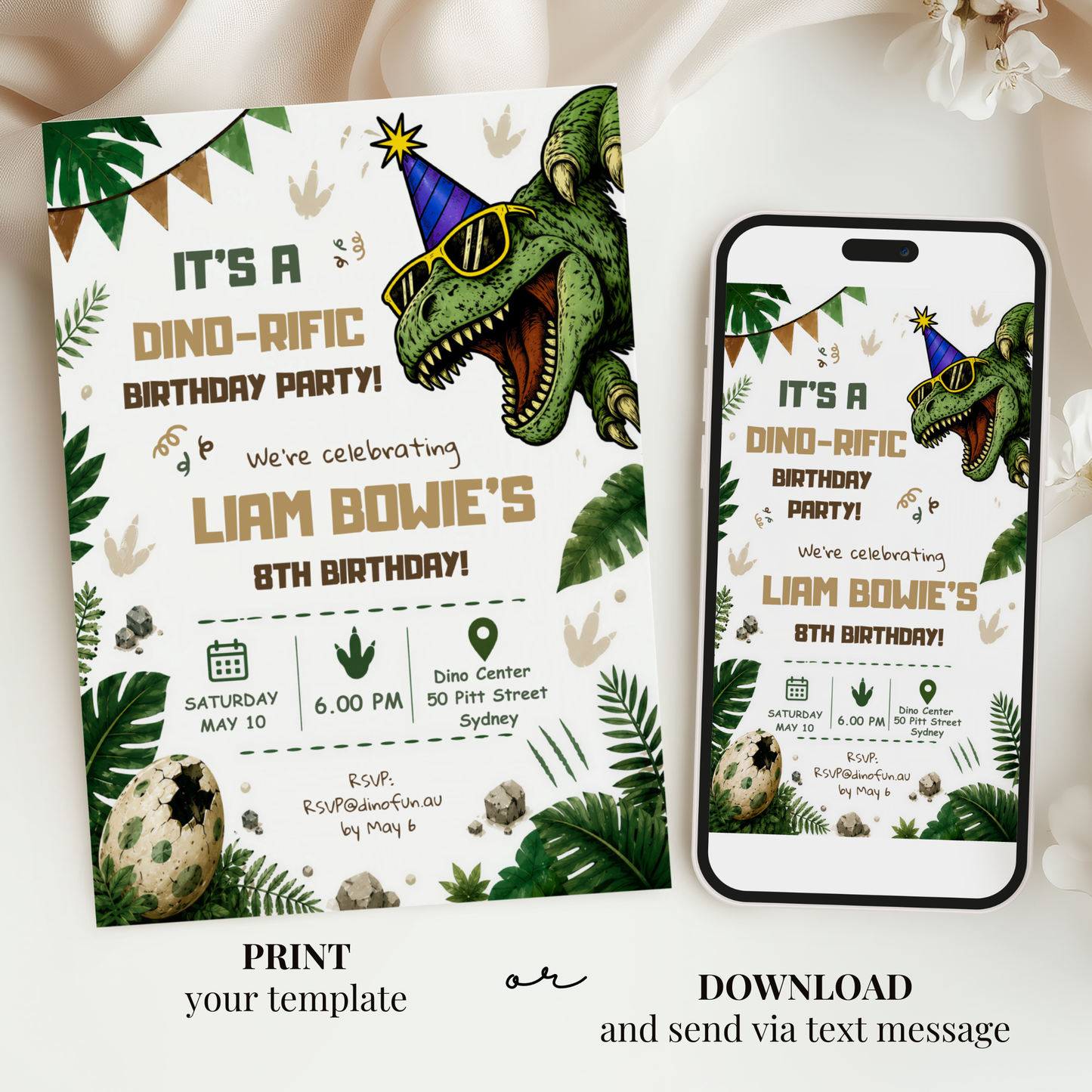 Three-Rex on the Loose — Dinosaur 3rd Birthday Invitation Template by Pretty Digital — view 6