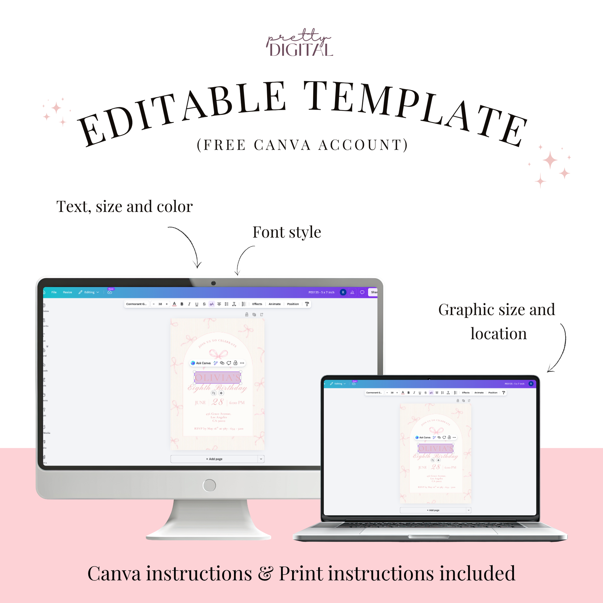 Floral invitation template by Pretty Digital — printable digital download