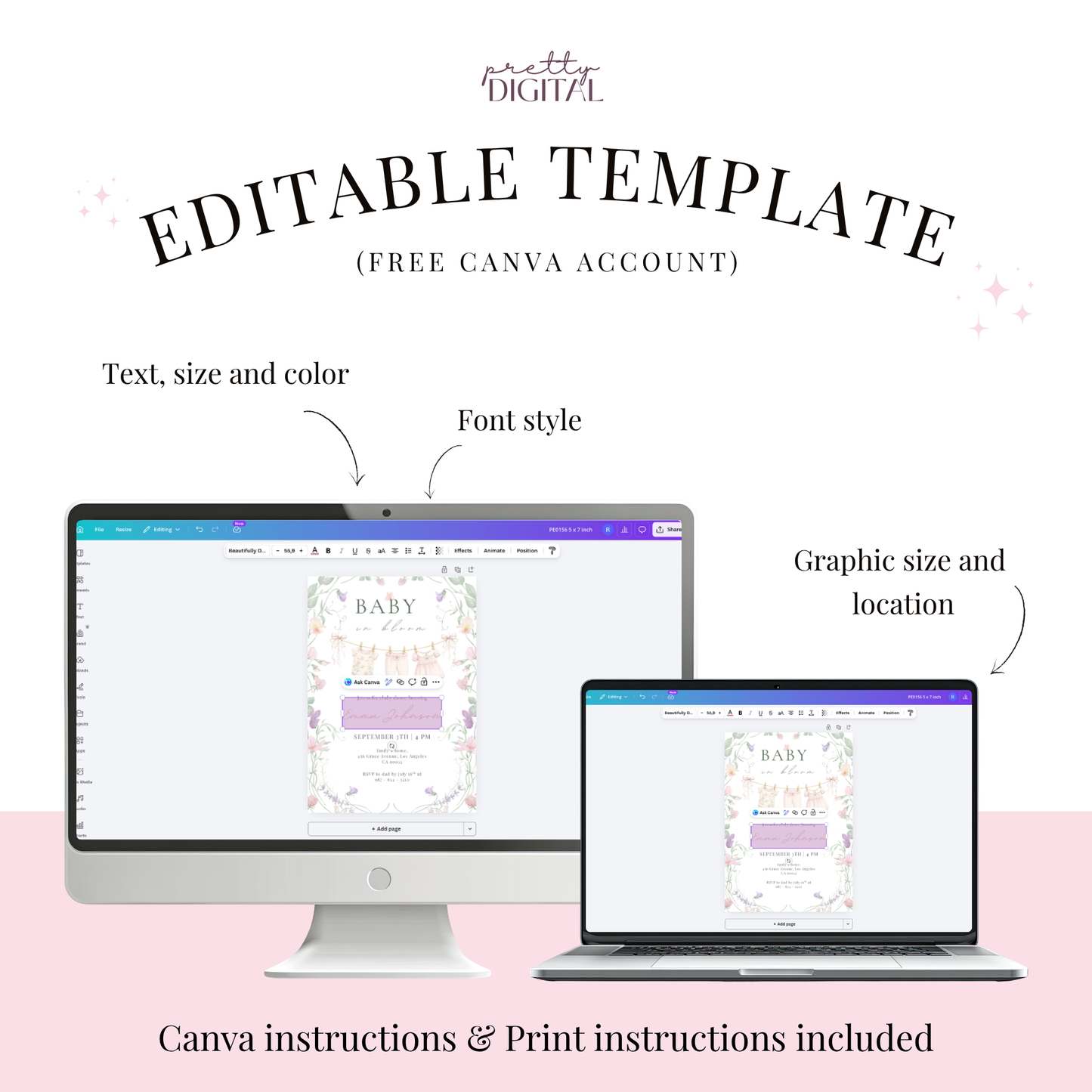 Floral invitation template by Pretty Digital — printable digital download