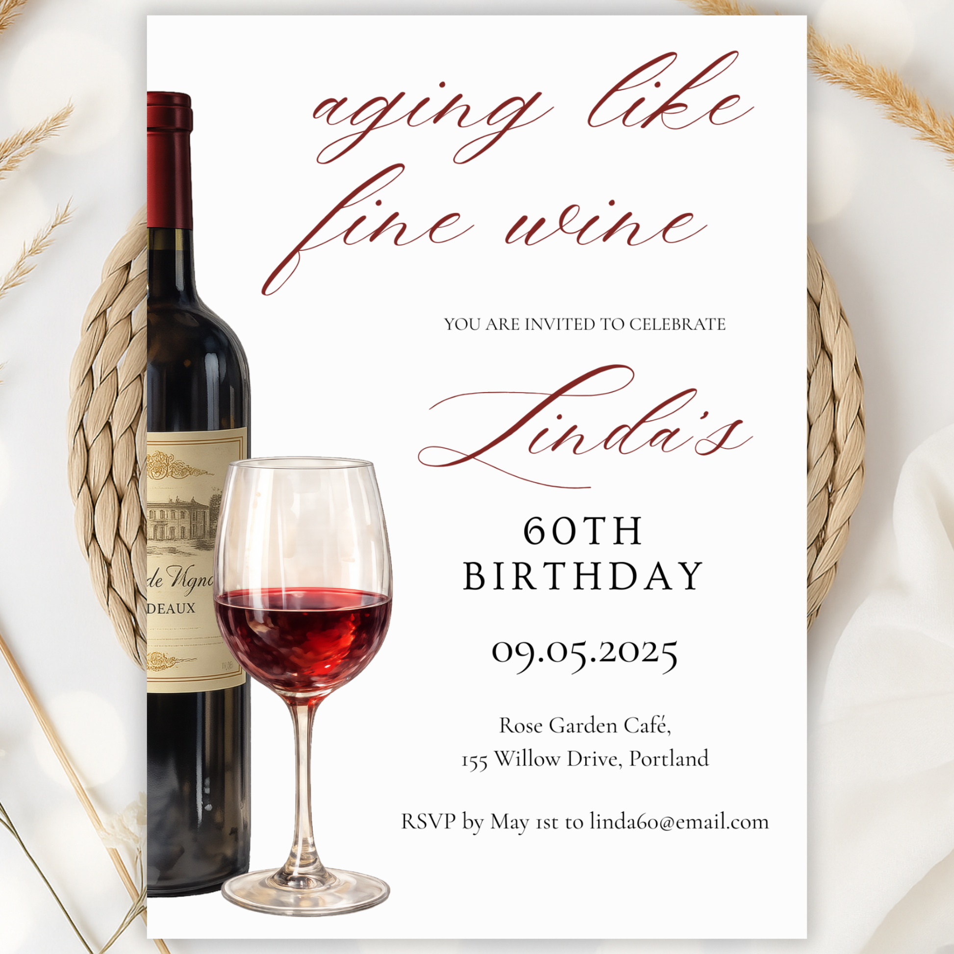 Aging Like Fine Wine — 60th Birthday Invitation Template by Pretty Digital — printable digital download