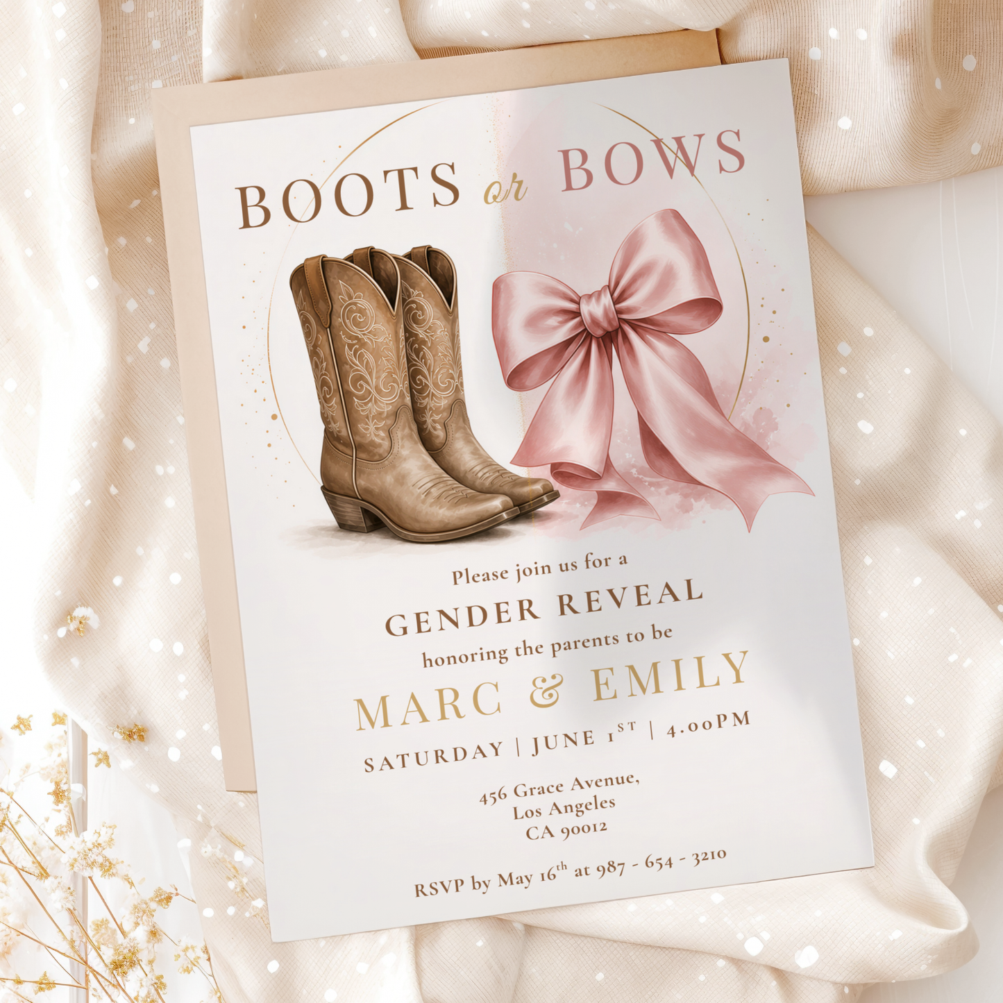 Boots or Bows — Western Gender Reveal Invitation Template by Pretty Digital — printable digital download