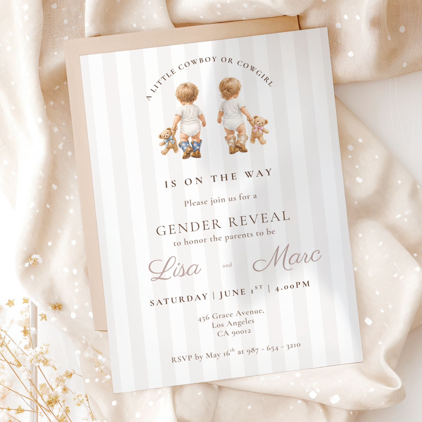 Cowboy or Cowgirl — Gender Reveal Invitation Template (Western) by Pretty Digital — printable digital download