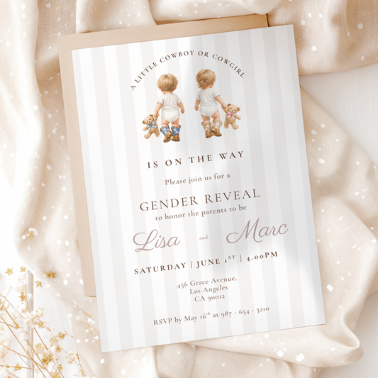 Cowboy or Cowgirl — Gender Reveal Invitation Template (Western) by Pretty Digital — printable digital download
