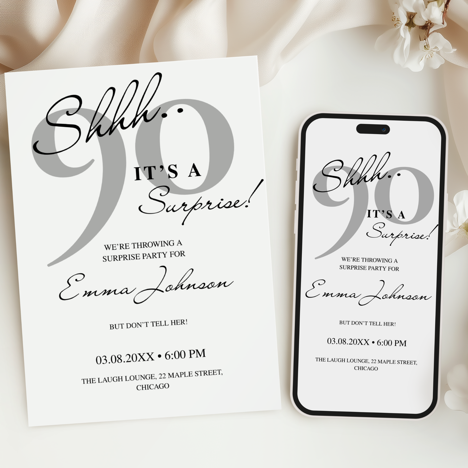 Shhh… It's a Surprise — 90th Surprise Party Invitation Template by Pretty Digital — view 6