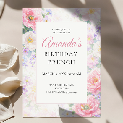 Floral invitation template by Pretty Digital — printable digital download