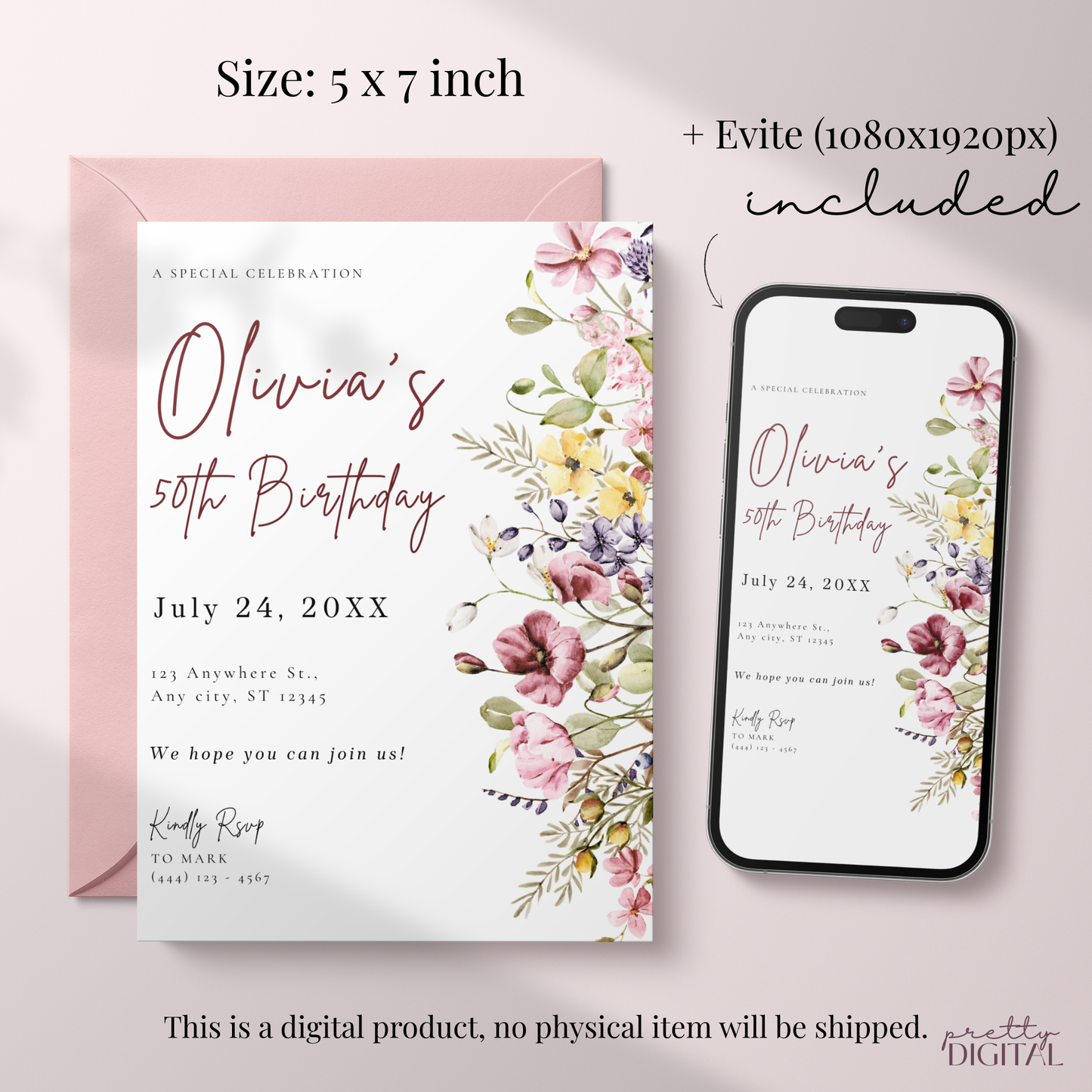 Floral 50th Birthday Invitation for Women by Pretty Digital — view 2