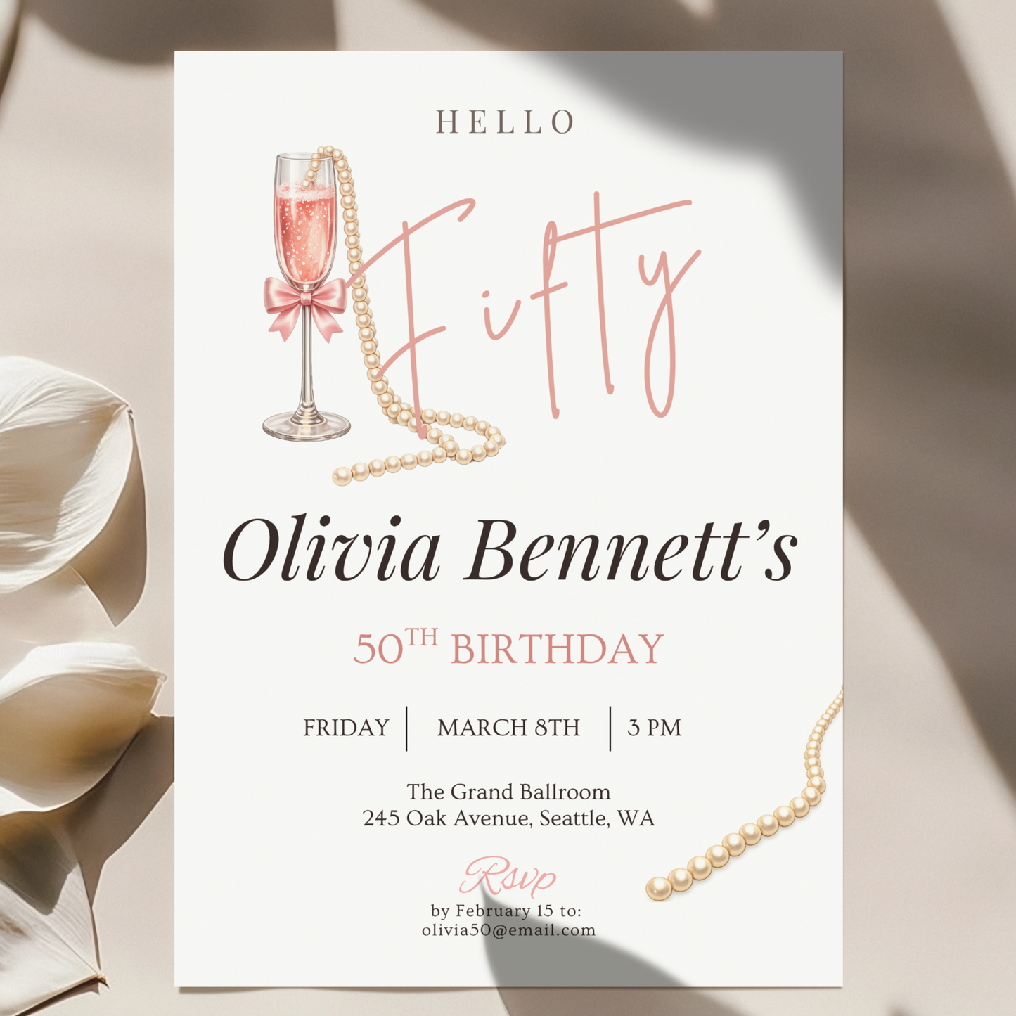 Hello Fifty — 50th Birthday Invitation for Women by Pretty Digital — printable digital download