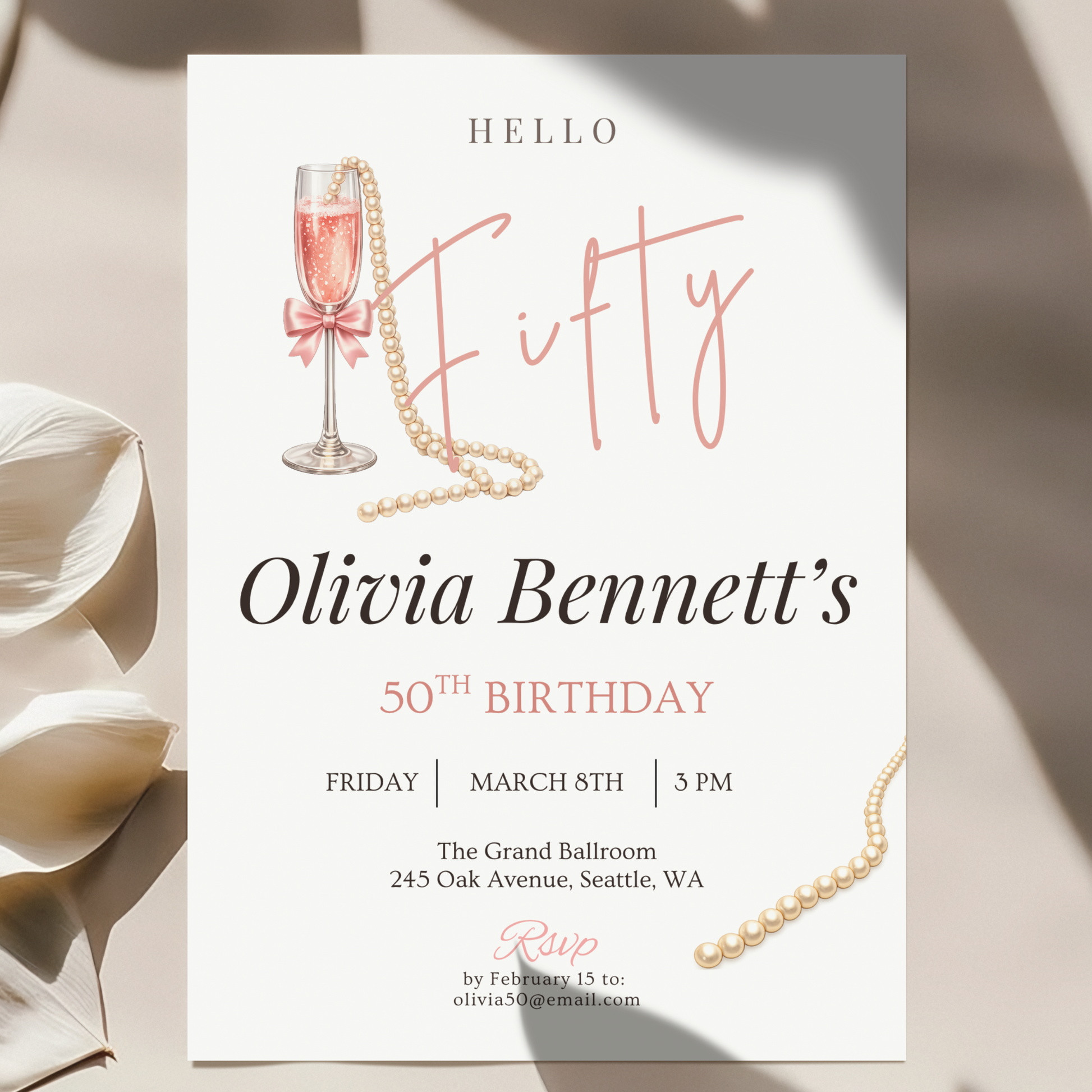 Hello Fifty — 50th Birthday Invitation for Women by Pretty Digital — printable digital download