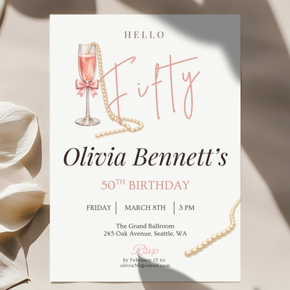 Hello Fifty — 50th Birthday Invitation for Women by Pretty Digital — printable digital download