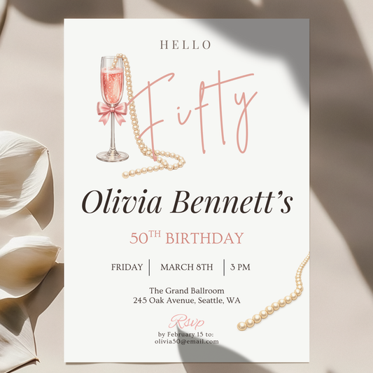 Hello Fifty — 50th Birthday Invitation for Women by Pretty Digital — printable digital download