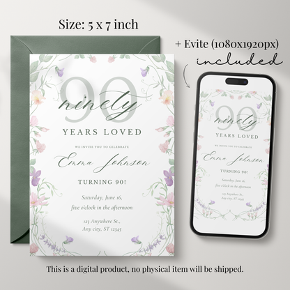 Ninety Years Loved — 90th Birthday Invitation Template by Pretty Digital — view 2