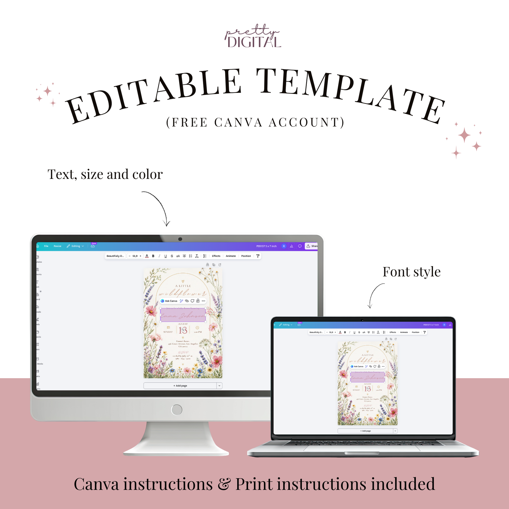 Watercolor invitation template by Pretty Digital — printable digital download