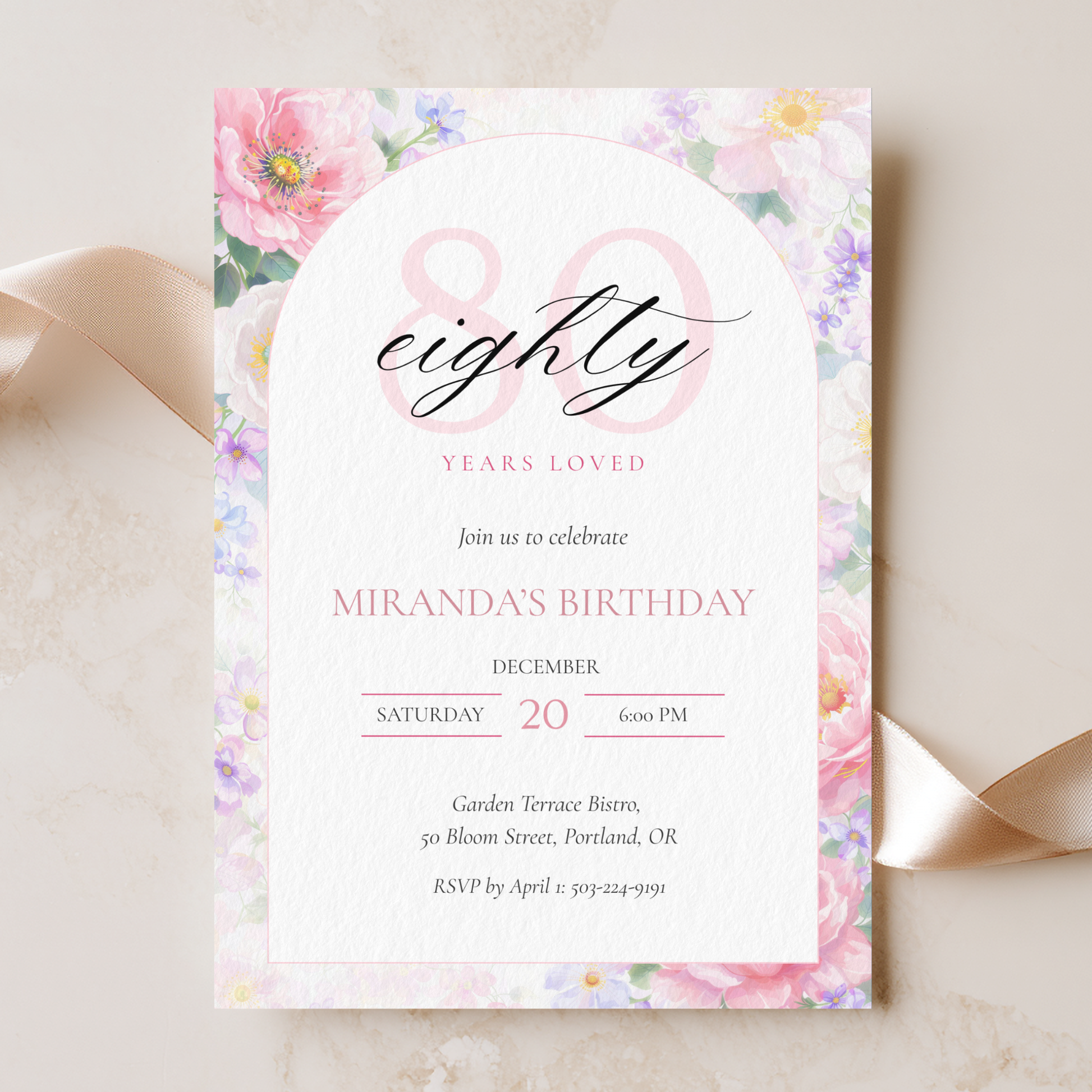 Eighty Years Loved — 80th Birthday Celebration Invitation Template by Pretty Digital — printable digital download