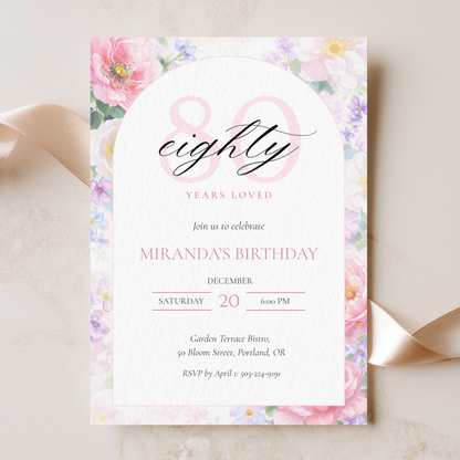 Eighty Years Loved — 80th Birthday Celebration Invitation Template by Pretty Digital — printable digital download