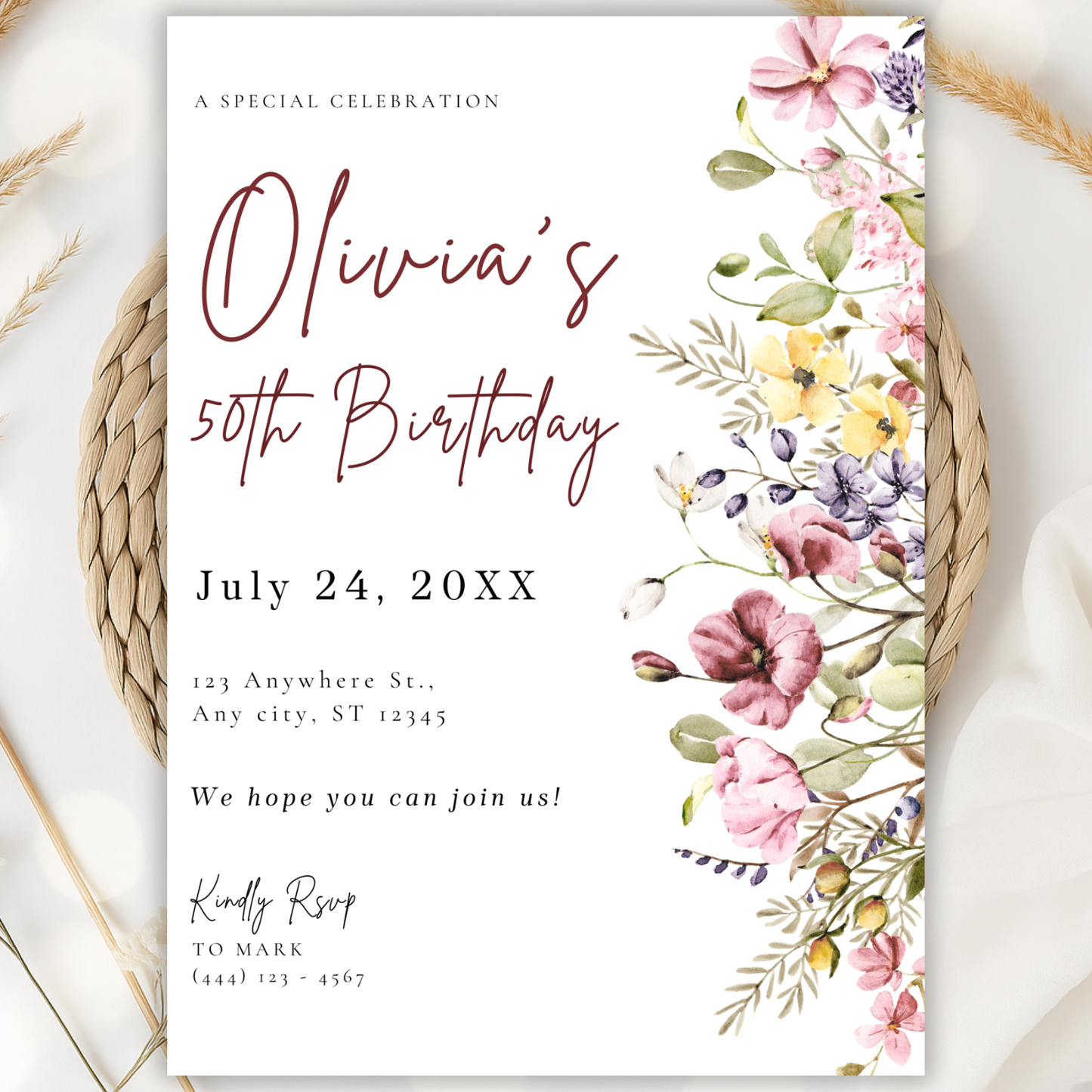 Floral invitation template by Pretty Digital — printable digital download
