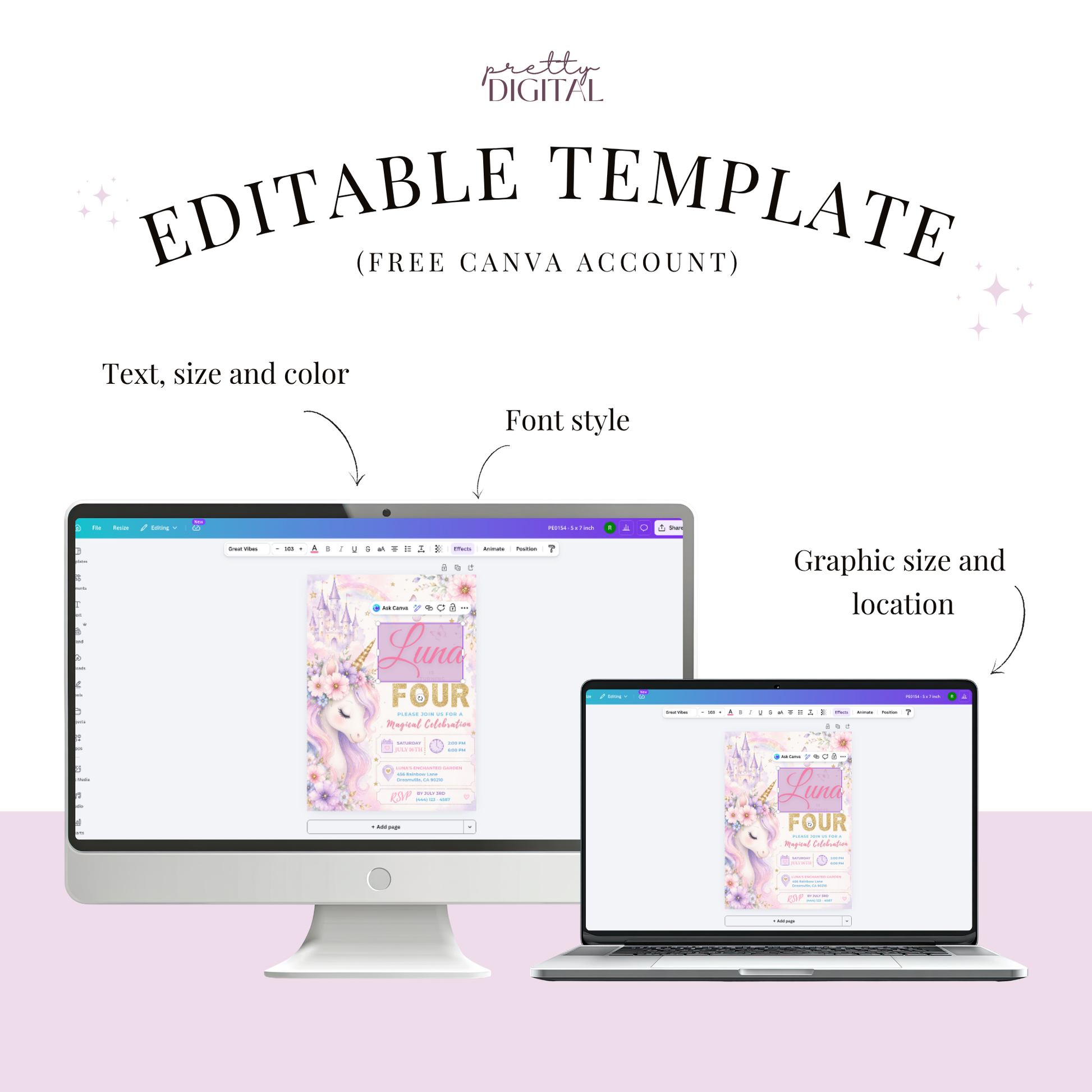 Luna's Magical Celebration — Unicorn Birthday Invitation Template by Pretty Digital — printable digital download