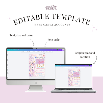Luna's Magical Celebration — Unicorn Birthday Invitation Template by Pretty Digital — printable digital download