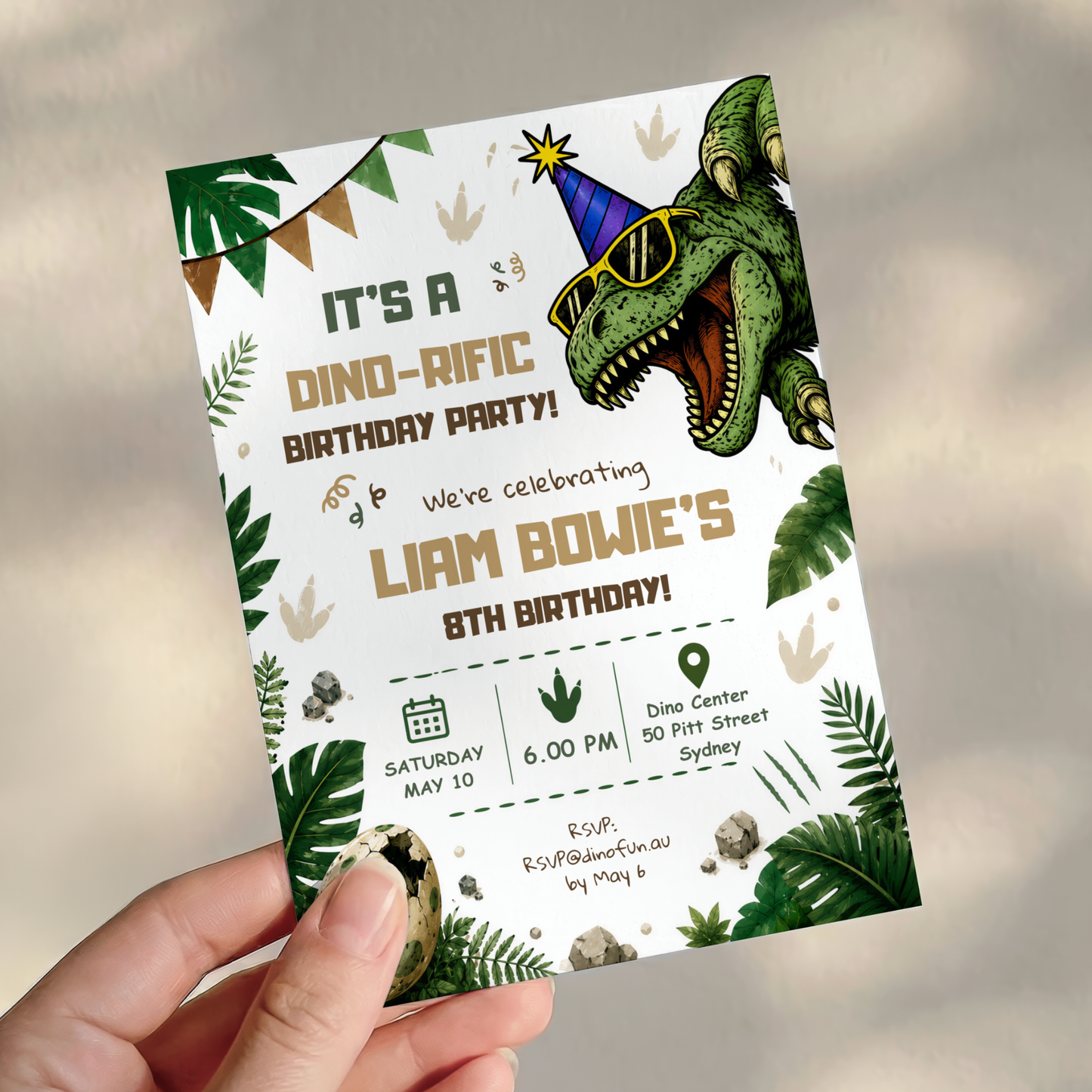 Three-Rex on the Loose — Dinosaur 3rd Birthday Invitation Template by Pretty Digital — view 3