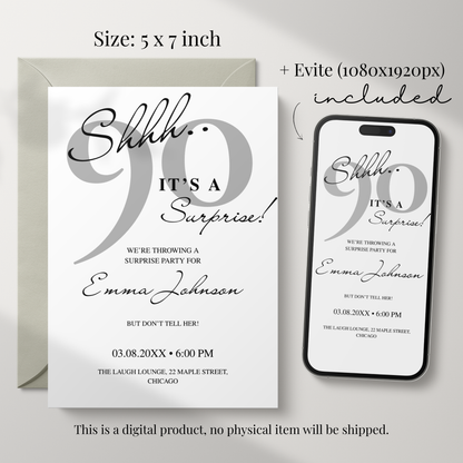 Shhh… It's a Surprise — 90th Surprise Party Invitation Template by Pretty Digital — view 2