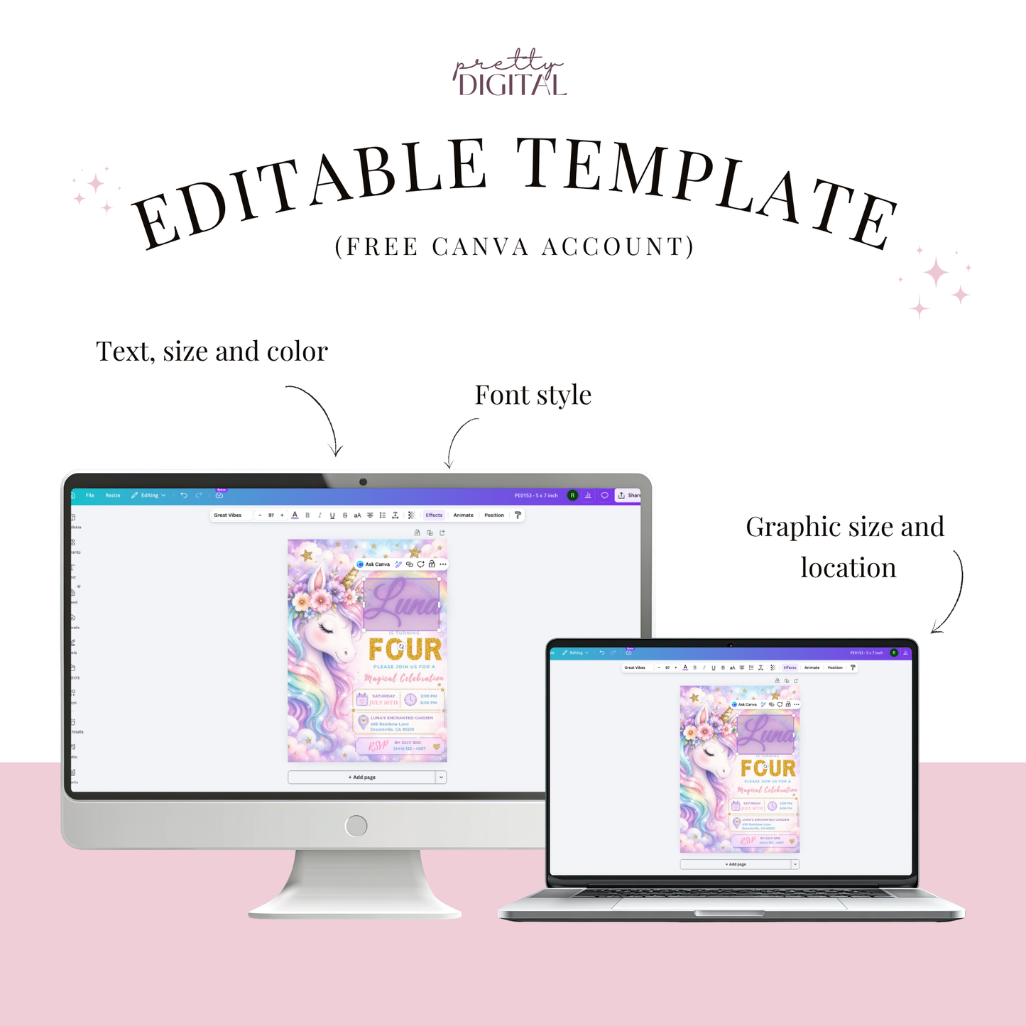 A Magical Celebration — Unicorn Birthday Invitation Template by Pretty Digital — printable digital download