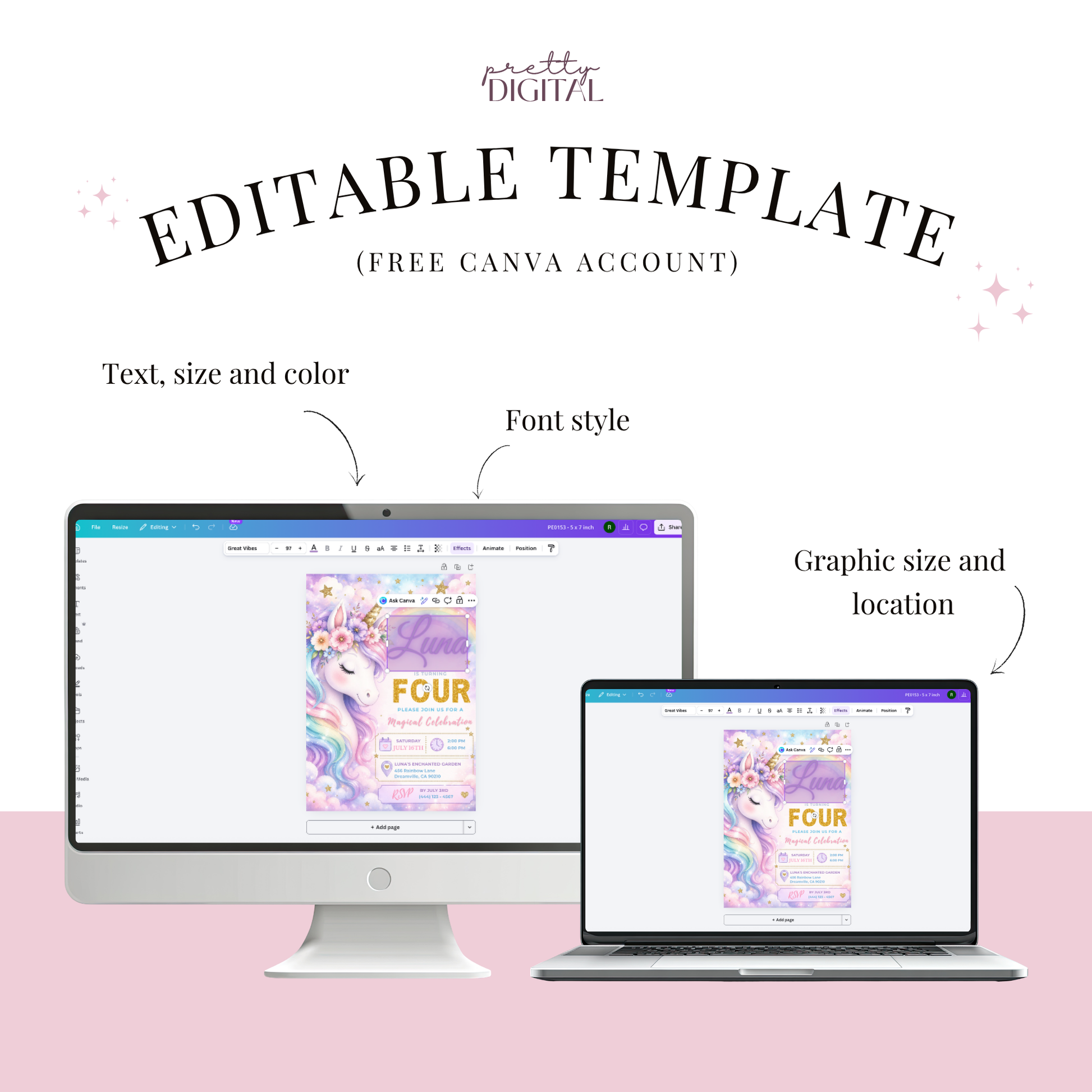 A Magical Celebration — Unicorn Birthday Invitation Template by Pretty Digital — printable digital download