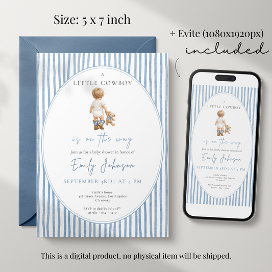 A Little Cowboy on the Way — Baby Boy Shower Invitation Template by Pretty Digital — view 2