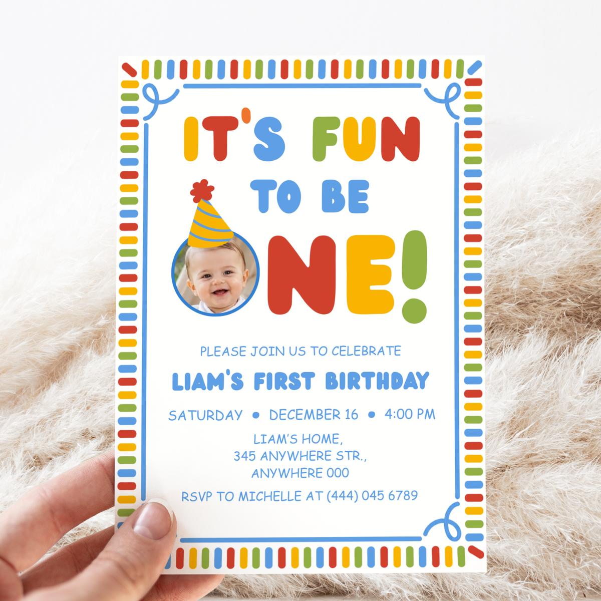 Fun To Be One photo first birthday invitation template for boys with party hat and primary color confetti border