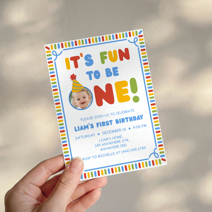 Fun To Be One photo first birthday invitation template for boys – preview 10