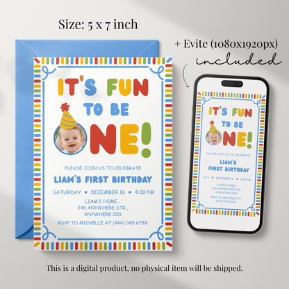 Fun To Be One photo first birthday invitation template for boys – preview 2