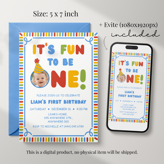 Fun To Be One photo first birthday invitation template for boys – preview 2