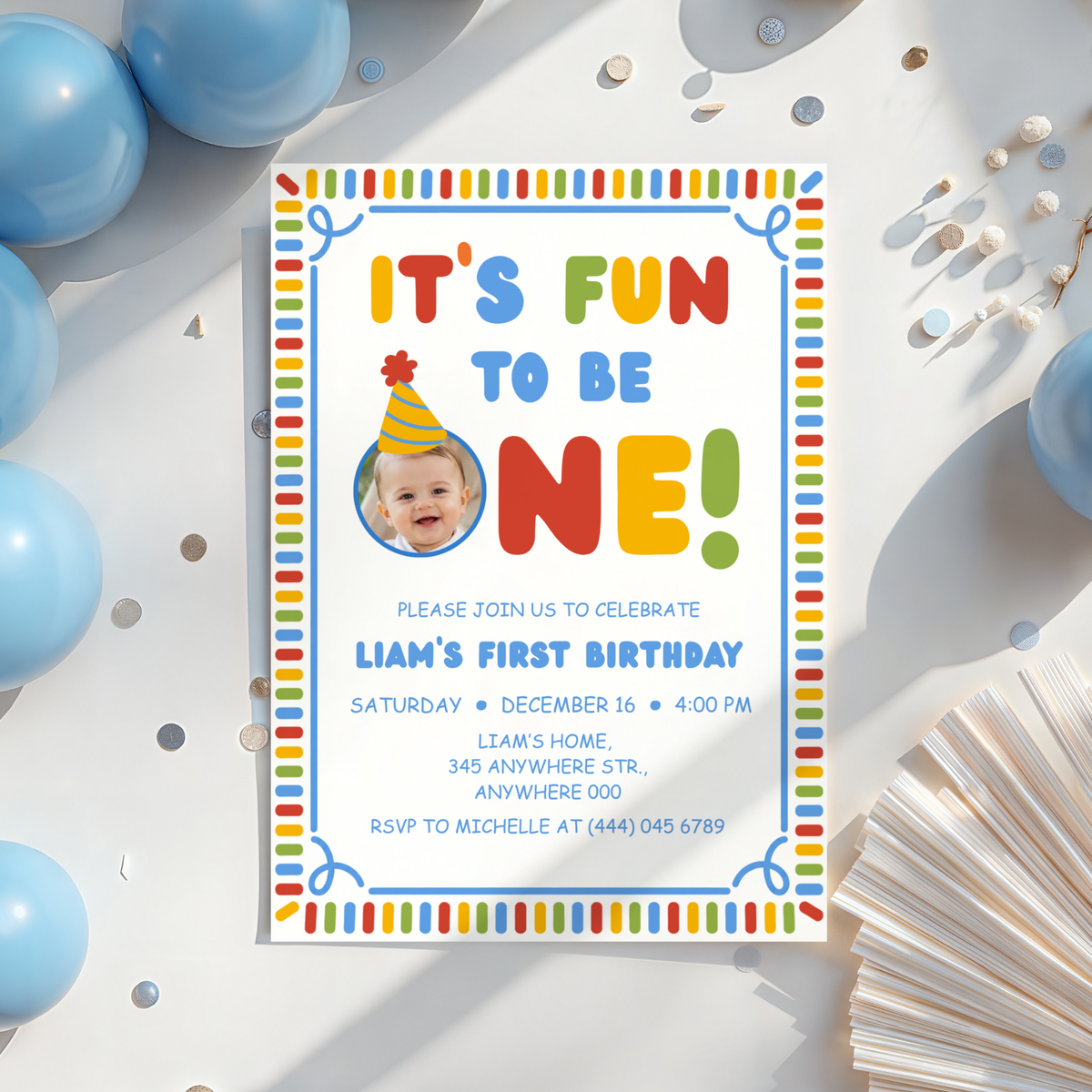Fun To Be One photo first birthday invitation template for boys – preview 3