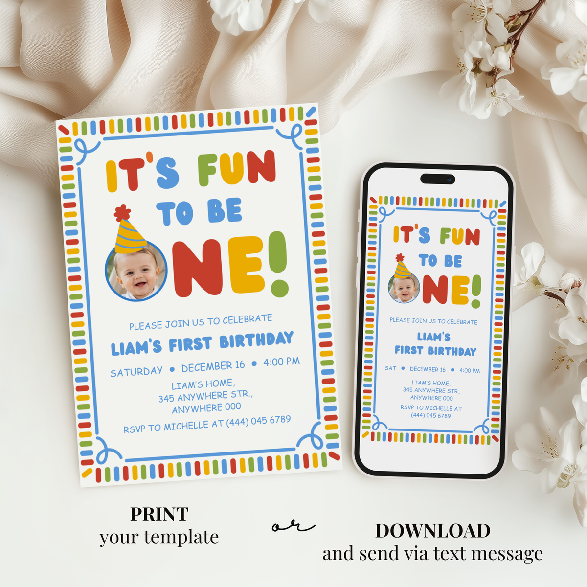 Fun To Be One photo first birthday invitation template for boys – preview 5