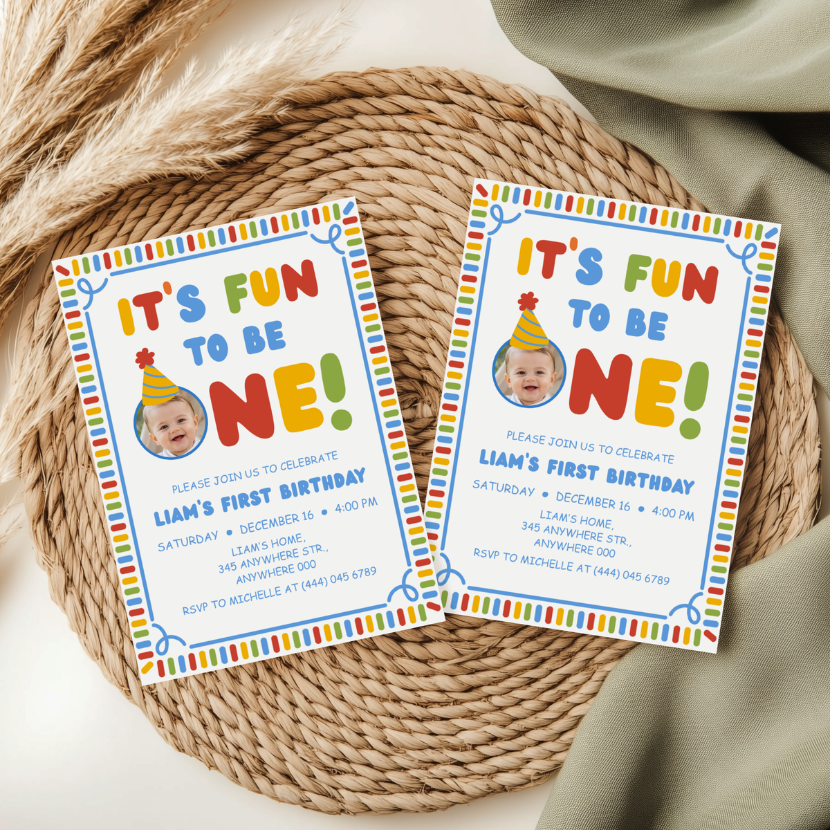Fun To Be One photo first birthday invitation template for boys – preview 9