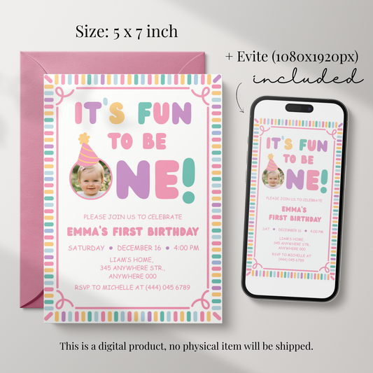 Fun To Be One Photo First Birthday Invitation for Girls