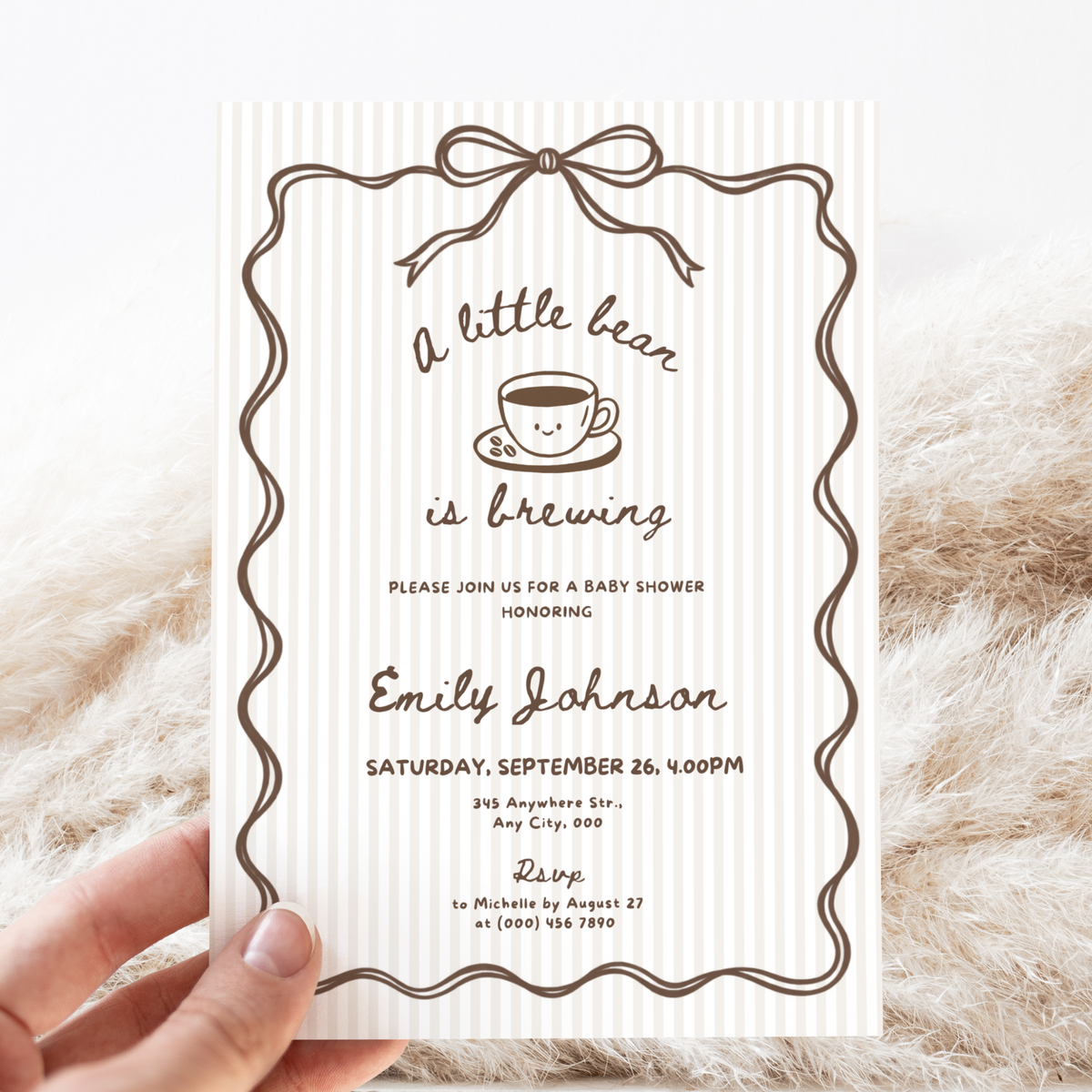 A Little Bean Is Brewing coffee baby shower invitation template with smiling coffee cup and beige stripes
